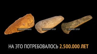 КАМЕННОЕ РУБИЛО   КАМЕННЫЙ ТОПОР   МЕДНЫЙ ТОПОР




НА ЭТО ПОТРЕБОВАЛОСЬ 2.500.000 ЛЕТ
 