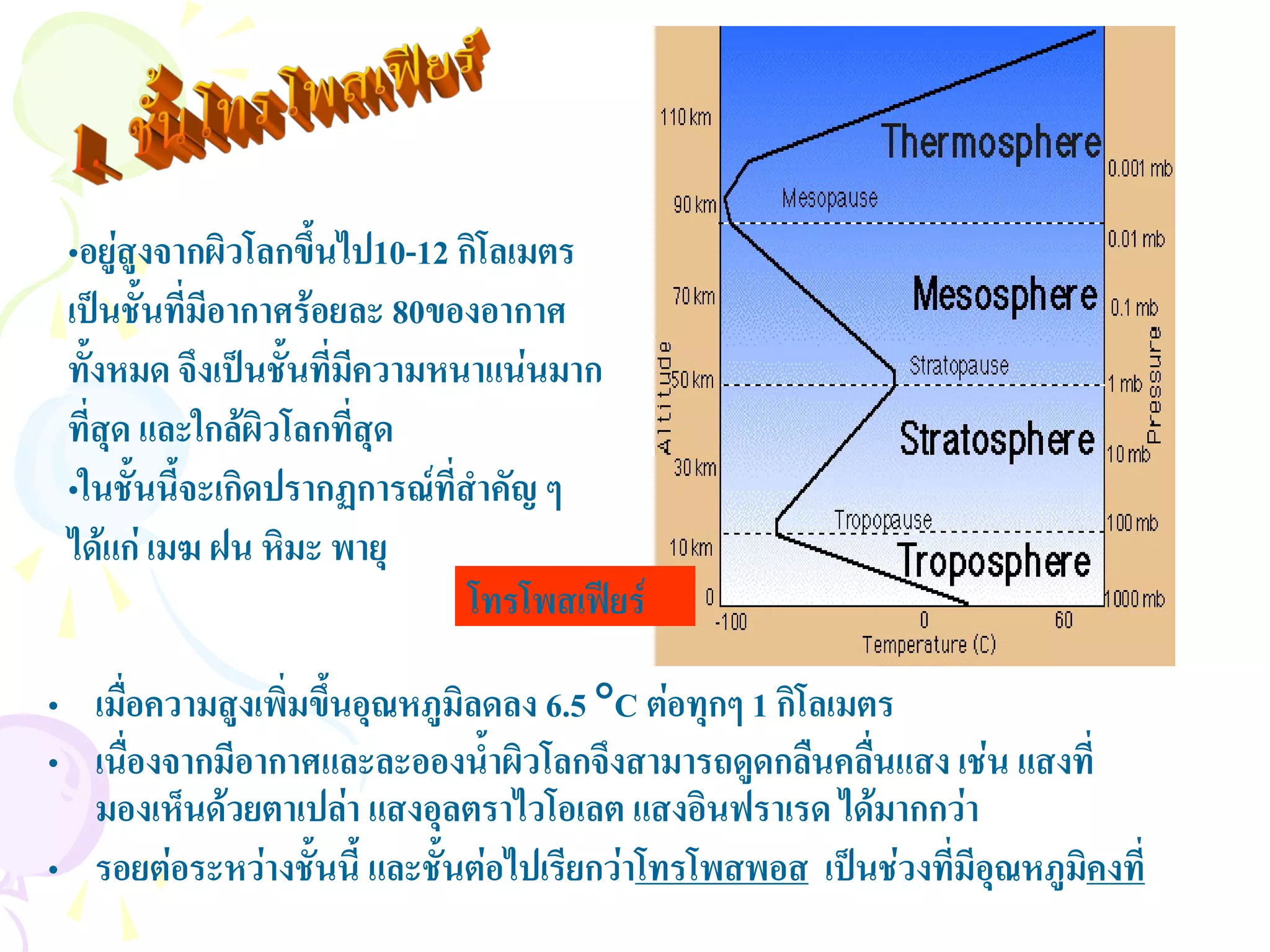 •อยูสูงจากผิวโลกขึ้นไป10-12 กิโลเมตร
 เปนชันทีมอากาศรอยละ 80ของอากาศ
        ้ ่ ี
 ทั้งหมด จึงเปนชั้นที่มีความหนาแนนมาก
 ที่สุด และใกลผิวโลกที่สุด
 •ในชั้นนี้จะเกิดปรากฏการณที่สําคัญ ๆ
 ไดแก เมฆ ฝน หิมะ พายุ
                               โทรโพสเฟยร

• เมื่อความสูงเพิ่มขึ้นอุณหภูมิลดลง 6.5 °C ตอทุกๆ 1 กิโลเมตร
• เนืองจากมีอากาศและละอองน้ําผิวโลกจึงสามารถดูดกลืนคลืนแสง เชน แสงที่
      ่                                                     ่
  มองเห็นดวยตาเปลา แสงอุลตราไวโอเลต แสงอินฟราเรด ไดมากกวา
• รอยตอระหวางชันนี้ และชั้นตอไปเรียกวาโทรโพสพอส เปนชวงที่มีอุณหภูมิคงที่
                   ้
 
