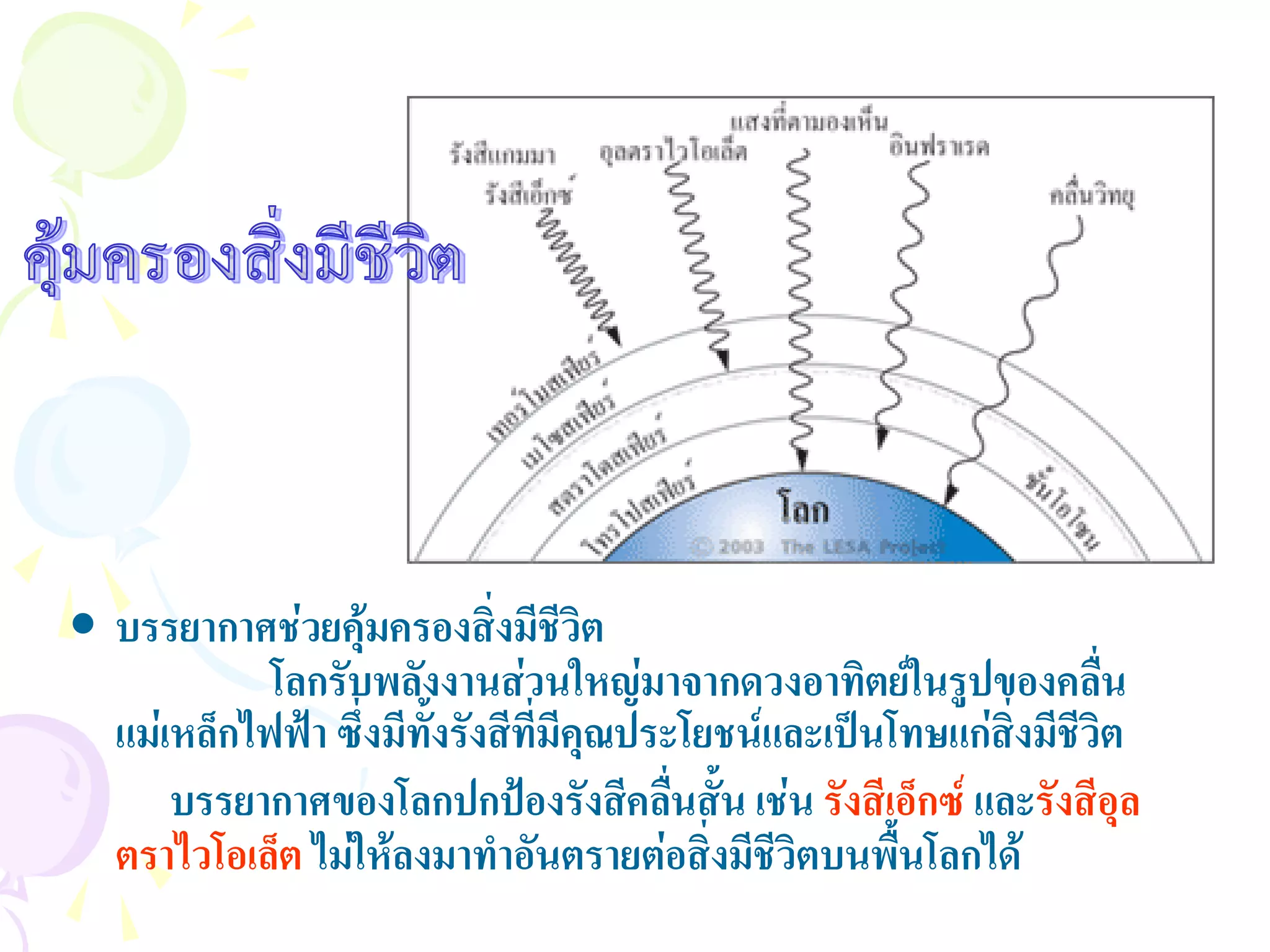 • บรรยากาศชวยคุมครองสิ่งมีชีวต ิ
            โลกรับพลังงานสวนใหญมาจากดวงอาทิตยในรูปของคลืน       ่
  แมเหล็กไฟฟา ซึ่งมีทงรังสีทมีคุณประโยชนและเปนโทษแกสิ่งมีชีวต
                       ั้     ี่                                 ิ
      บรรยากาศของโลกปกปองรังสีคลืนสั้น เชน รังสีเอ็กซ และรังสีอุล
                                      ่
  ตราไวโอเล็ต ไมใหลงมาทําอันตรายตอสิ่งมีชีวตบนพื้นโลกได
                                              ิ
 