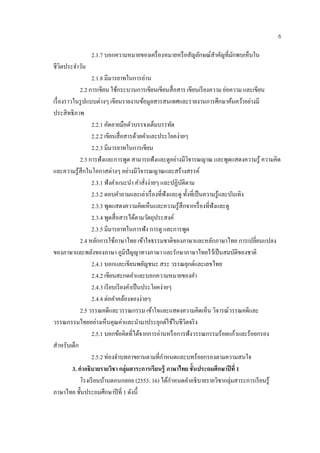 6

                 2.1.7 บอกความหมายของเครื่ องหมายหรื อสัญลักษณ์สาคัญที่มกพบเห็นใน
                                                                ํ       ั
ชีวิตประจําวัน
                   2.1.8 มีมารยาทในการอ่าน
                                                                                  ่
              2.2 การเขียน ใชกระบวนการเขียนเขียนสื่อสาร เขียนเรียงความ ยอความ และเขียน
                                  ้
เรื่ องราวในรู ปแบบต่างๆ เขียนรายงานข้อมูลสารสนเทศและรายงานการศึกษาค้นคว้าอย่างมี
ประสิ ทธิภาพ
                   2.2.1 คัดลายมือตัวบรรจงเต็มบรรทัด
                   2.2.2 เขียนสื่อสารดวยคาและประโยคง่ายๆ
                                           ้ ํ
                   2.2.3 มีมารยาทในการเขียน
              2.3 การฟังและการพูด สามารถฟังและดูอย่างมีวจารณญาณ และพูดแสดงความรู ้ ความคิด
                                                                ิ
และความรู ้สึกในโอกาสต่างๆ อย่างมีวิจารณญาณและสร้างสรรค์
                   2.3.1 ฟังคําแนะนํา คําสังง่ายๆ และปฏิบติตาม
                                                 ่         ั
                   2.3.2 ตอบคําถามและเล่าเรื่ องที่ฟังและดู ทั้งที่เป็ นความรู ้และบันเทิง
                   2.3.3 พูดแสดงความคิดเห็นและความรู ้สึกจากเรื่ องที่ฟังและดู
                   2.3.4 พูดสื่ อสารได้ตามวัตถุประสงค์
                   2.3.5 มีมารยาทในการฟัง การดู และการพูด
              2.4 หลกการใชภาษาไทย เข้าใจธรรมชาติของภาษาและหลักภาษาไทย การเปลี่ยนแปลง
                     ั          ้
ของภาษาและพลังของภาษา ภูมิปัญญาทางภาษา และรักษาภาษาไทยไว้เป็ นสมบัติของชาติ
                   2.4.1 บอกและเขียนพยญชนะ สระ วรรณยกตและเลขไทย
                                               ั               ุ ์
                   2.4.2 เขียนสะกดคําและบอกความหมายของคํา
                   2.4.3 เรี ยบเรี ยงคําเป็ นประโยคง่ายๆ
                   2.4.4 ต่อคําคล้องจองง่ายๆ
              2.5 วรรณคดีและวรรณกรรม เขาใจและแสดงความคิดเห็น วิจารณ์วรรณคดีและ
                                                   ้
วรรณกรรมไทยอย่างเห็นคุณค่าและนํามาประยุกต์ใช้ในชีวิตจริ ง
                   2.5.1 บอกขอคิดที่ไดจากการอ่านหรือการฟังวรรณกรรมร้อยแก้วและร้อยกรอง
                                    ้        ้
สําหรับเด็ก
                                                     ํ
                   2.5.2 ท่องจําบทอาขยานตามที่กาหนดและบทร้อยกรองตามความสนใจ
          3. คาอธิบายรายวชา กล่ ุมสาระการเรียนรู้ ภาษาไทย ชั้นประถมศึกษาปี ที่ 1
               ํ              ิ
              โรงเรียนบานดอนกลอย (2553: 16) ไดกาหนดคําอธิบายรายวิชากลุ่มสาระการเรี ยนรู ้
                         ้                             ้ ํ
ภาษาไทย ชั้นประถมศึกษาปี ที่ 1 ดังนี้
 