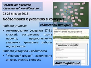 Реализация проекта
«Химический калейдоскоп»
22-25 января 2013
Подготовка к участию в конкурсе
Работа учителя           «Мозговой штурм»
• Анкетирование учащихся (7-11
  классы), составление плана
  проекта,        предоставление
  учащимся критериев работы
  над проектом
Работа учащихся и родителей
• "Мозговой штурм", заполнение
  анкеты, участие в опросе
                               Анкетирование
 