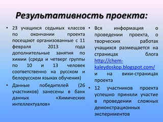 Результативность проекта:
• 23 учащихся седьмых классов • Вся         информация       о
  по      окончании     проекта    проведении проекта, о
  посещают организованные с 11     творческих         работах
  февраля        2013       года   учащихся размещается на
  дополнительные занятия по        страницах             блога
  химии (среда и четверг группы    http://chem-
  по    10    и    13   человек    kaleydoskop.blogspot.com/
  соответственно на русском и      и     на    вики-страницах
  белорусском языках обучения)     проекта
• Данные     победителей     (26
                                 • 12 участников проекта
  участников) занесены в банк
                                   успешно приняли участие
  данных            «Химических
                                   в проведении сложных
  интеллектуалов»
                                   демонстрационных
                                   экспериментов
 