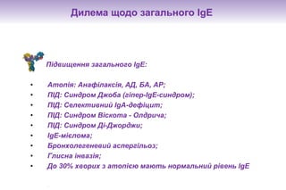 Дилема щодо загального IgE




    Підвищення загального IgE:

•   Атопія: Анафілаксія, АД, БА, АР;
•   ПІД: Синдром Джоба (гіпер-IgE-синдром);
•   ПІД: Селективний IgA-дефіцит;
•   ПІД: Синдром Віскота - Олдрича;
•   ПІД: Синдром Ді-Джорджи;
•   IgE-мієлома;
•   Бронхолегеневий аспергільоз;
•   Глисна інвазія;
•   До 30% хворих з атопією мають нормальний рівень IgЕ

    .
 