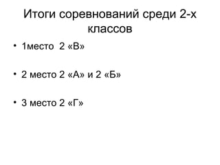 Итоги соревнований среди 2-х
            классов
• 1место 2 «В»

• 2 место 2 «А» и 2 «Б»

• 3 место 2 «Г»
 