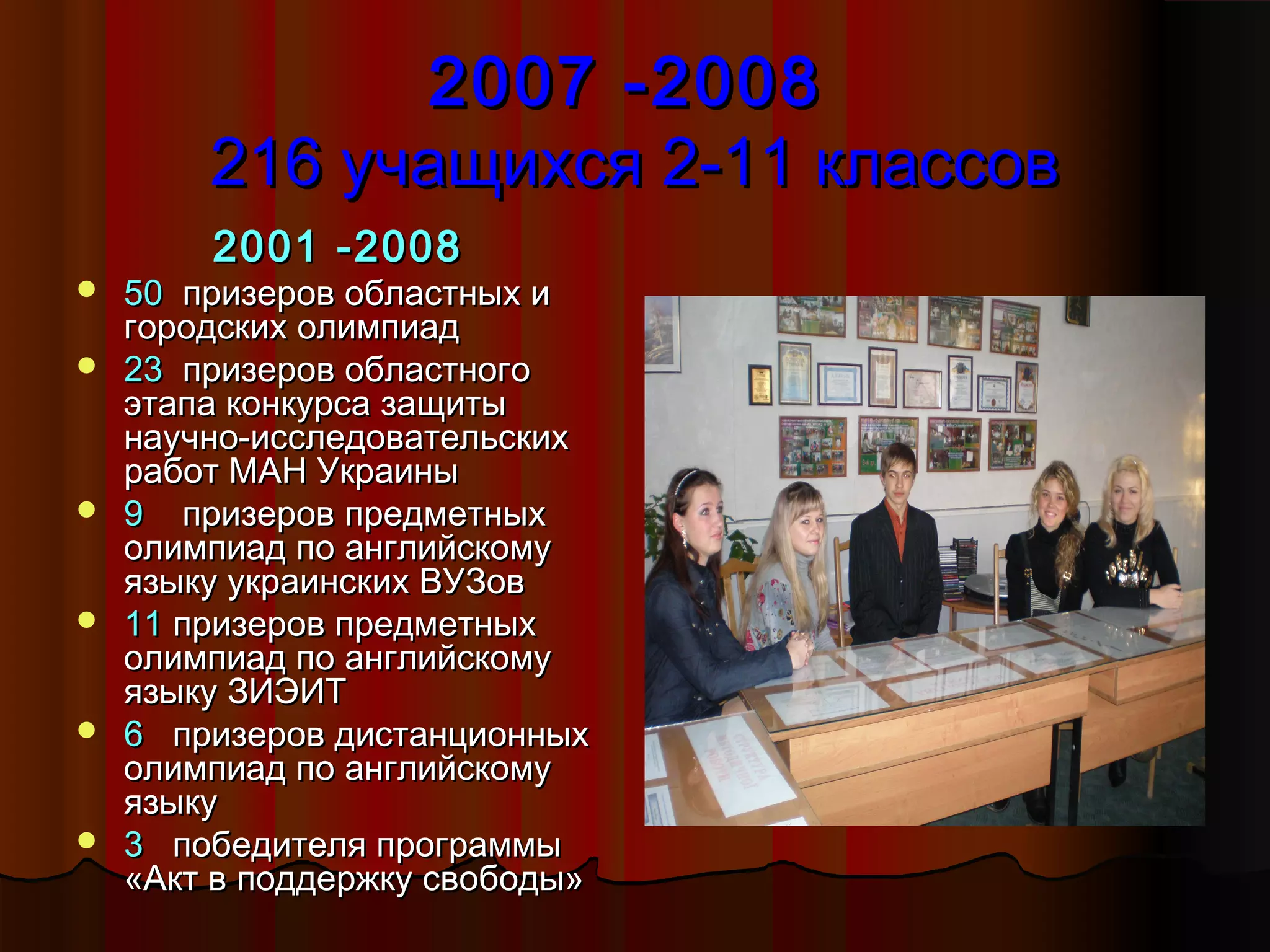 200 7 -200 8
        216 учащихся 2-11 классов
        2001 -200 8
   50 призеров областных и
    городских олимпиад
   23 призеров областного
    этапа конкурса защиты
    научно-исследовательских
    работ МАН Украины
   9 призеров предметных
    олимпиад по английскому
    языку украинских ВУЗов
   11 призеров предметных
    олимпиад по английскому
    языку ЗИЭИТ
   6 призеров дистанционных
    олимпиад по английскому
    языку
   3 победителя программы
    «Акт в поддержку свободы»
 