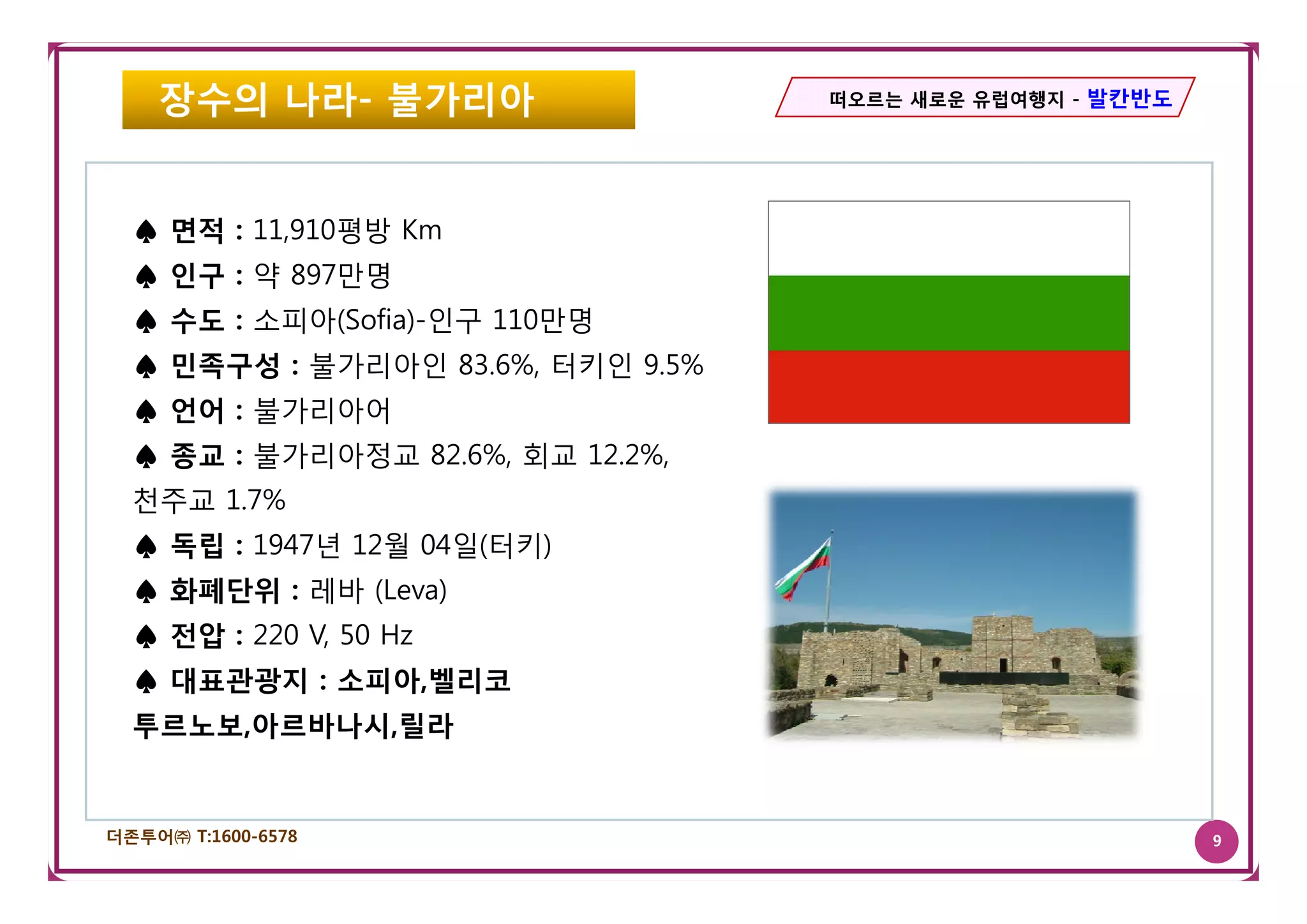 장수의 나라- 불가리아                   떠오르는 새로운 유럽여행지 - 발칸반도




  ♠ 면적 : 11,910평방 Km
  ♠ 인구 : 약 897만명
  ♠ 수도 : 소피아(Sofia)-인구 110만명
  ♠ 민족구성 : 불가리아인 83 6% 터키인 9 5%
                 83.6%,    9.5%
  ♠ 언어 : 불가리아어
  ♠ 종교 : 불가리아정교 82.6%, 회교 12.2%,
  천주교 1.7%
  ♠ 독립 : 1947년 12월 04일(터키)
  ♠ 화폐단위 : 레바 (Leva)
  ♠ 전압 : 220 V, 50 Hz
  ♠ 대표관광지 : 소피아 벨리코
            소피아,벨리코
  투르노보,아르바나시,릴라


더존투어㈜ T:1600-6578                                          9
 