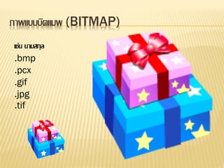 ภาพแบบบิตแมพ (BITMAP)
เช่น นามสกุล
.bmp
.pcx
.gif
.jpg
.tif
 