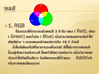 ระบบสี

 1.   RGB
          เป็ นระบบสีท่ีประกอบด้วยแม่สี 3 สี คือ แดง ( Red), เขียว
  ( Green) และน้าเงิน ( Blue) เมือนามาผสมผสานกันทาให้
                                          ่
  เกิดสีต่าง ๆ บนจอคอมพิวเตอร์มากถึง 16.7 ล้านสี
      ซึ่งใกล้เคียงกับสีท่ีตาเรามองเห็นปกติ สีท่ีได้จากการผสมสี
                                                       ่
  ขึ้นอยู่กับความเข้มของสี โดยถ้าสีมความเข้มมาก เมือนามาผสม
                                       ี
  กันจะทาให้เกิดเป็ นสีขาว จึงเรียกระบบสีน้ ว่าแบบ Additive
                                             ี
  หรือการผสมสีแบบบวก
 