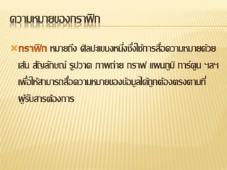 ความหมายของกราฟิ ก
          หมายถึง ศิลปะแขนงหนึงซืงใช้การสือความหมายด้วย
                               ่ ่         ่
 เส้น สัญลักษณ์ รูปวาด ภาพถ่าย กราฟ แผนภูม ิ การ์ ตูน ฯลฯ
 เพือให้สามารถสือความหมายของข้อมูลได้ถูกต้องตรงตามที่
     ่          ่
 ผู รบสารต้องการ
    ้ั
 