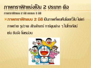 ภาพกราฟิ กแบ่งเป็ น 2 ประเภท คือ
ภาพกราฟิ กแบบ 2 มิติ และแบบ 3 มิติ
                          เป็ นภาพทีพบเห็นโดยทัวไป ได่แก่
                                      ่          ่
   ภาพถ่าย รูปวาด สัญลักษณ์ การ์ ตูนต่าง ๆ ในโทรทัศน์
   เช่น ชินจัง โดเรม่อน
 
