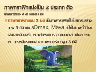 ภาพกราฟิ กแบ่งเป็ น 2 ประเภท คือ
ภาพกราฟิ กแบบ 2 มิติ และแบบ 3 มิติ
                            เป็ นภาพกราฟิ กทีใ่ ช้โปรแกรมสร้าง
   ภาพ 3 มิต ิ เช่น 3Dmax, Maya ทาให้ได้ภาพทีมสและ        ่ีี
   แสงเงาเหมือนจริง เหมาะสาหรับการออกแบบและสถาปัตยกรรม
   เช่น การผลิตรถยนต์ และภาพยนตร์ การ์ ตูน 3 มิต ิ
 