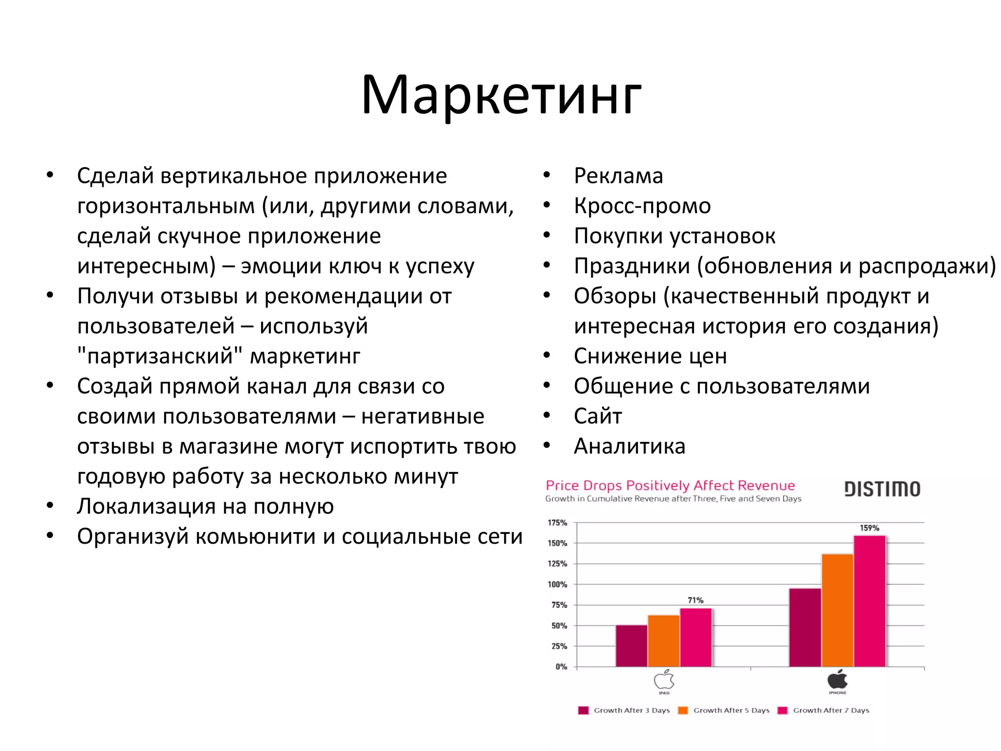 Маркетинг
• Сделай вертикальное приложение           •   Реклама
  горизонтальным (или, другими словами,    •   Кросс-промо
  сделай скучное приложение                •   Покупки установок
  интересным) – эмоции ключ к успеху       •   Праздники (обновления и распродажи)
• Получи отзывы и рекомендации от          •   Обзоры (качественный продукт и
  пользователей – используй                    интересная история его создания)
  "партизанский" маркетинг                 •   Снижение цен
• Создай прямой канал для связи со         •   Общение с пользователями
  своими пользователями – негативные       •   Сайт
  отзывы в магазине могут испортить твою   •   Аналитика
  годовую работу за несколько минут
• Локализация на полную
• Организуй комьюнити и социальные сети
 