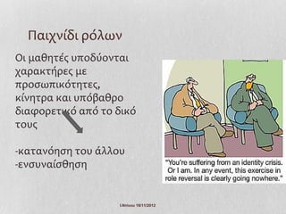 Παιχνίδι ρόλων
Οι μαθητές υποδύονται
χαρακτήρες με
προσωπικότητες,
κίνητρα και υπόβαθρο
διαφορετικό από το δικό
τους

-κατανόηση του άλλου
-ενσυναίσθηση


                   Ι.Ντίνου 19/11/2012
 