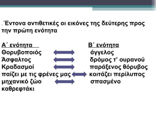 . Έντονα
       αντιθετικές οι εικόνες της δεύτερης προς
την πρώτη ενότητα

Α΄ ενότητα                  Β΄ ενότητα
Θορυβοποιός                 άγγελος
Άσφαλτος                    δρόμος τ’ ουρανού
Κραδασμοί                   παράξενος θόρυβος
παίζει με τις φρένες μας    κοιτάζει περίλυπος
μηχανικό ζώο                 σπασμένο
καθρεφτάκι
 