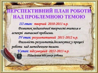 ІІІ етап: творчий 2010-2011 н.р.
    Розвиток педагогічної творчості вчителя в
аспекті вивчаємої проблеми.
    IV етап: результативний 2011-2012 н.р.
    Реальність результатів,досягнутих у процесі
роботи над методичною темою.
    V етап: підсумковий 2012-2013 н.р.
          Підведення підсумків роботи
 