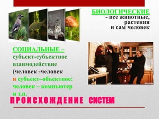 БИОЛОГИЧЕСКИЕ
                           - все животные,
                                  растения
                             и сам человек


СОЦИАЛЬНЫЕ –
субъект-субъектное
взаимодействие
(человек -человек
и субъект–объектное:
человек – компьютер
и т.п.
П Р О И С Х О Ж Д Е Н И Е СИСТЕМ
 