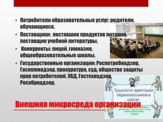 • Потребители образовательных услуг: родители,
  обучающиеся.
• Поставщики: поставшик продуктов питания,
  поставщик учебной литературы.
• Конкуренты: лицей, гимназия,
  общеобразовательные школы.
• Государственные организации: Роспотребнадзор,
  Госпожнадзор, прокуратура, суд, общество защиты
  прав потребителей, УВД, Гостехнадзор,
  Рособрнадзор.



Внешняя микросреда организации
 