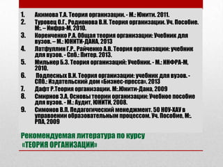 1.   Акимова Т.А. Теория организации. - М.: Юнити. 2011.
2.   Туровец О.Г., Родионова В.Н. Теория организации. Уч. Пособие.
     М:. – Инфра-М, 2010.
3.   Коренченко Р.А. Общая теория организации: Учебник для
     вузов. – М.: ЮНИТИ-ДАНА, 2013
4.   Латфуллин Г.Р., Райченко А.В. Теория организации: учебник
     для вузов. - Спб.: Питер. 2013.
5.   Мильнер Б.З. Теория организаций: Учебник. - М.: ИНФРА-М,
     2010.
6.   Подлесных В.И. Теория организации: учебник для вузов. -
     СПб.: Издательский дом «Бизнес-пресса». 2013
7.   Дафт Р.Теория организации. М:.Юнити-Дана, 2009
8.   Смирнов Э.А. Основы теории организации: Учебное пособие
     для вузов. - М.: Аудит, ЮНИТИ, 2008.
9.   Симонов В.П. Педагогический менеджмент. 50 НОУ-ХАУ в
     управоении образовательным процессом. Уч. Пособие, М:.
     РПА, 2009

Рекомендуемая литература по курсу
«ТЕОРИЯ ОРГАНИЗАЦИИ»
 