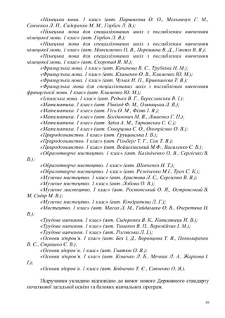 «Німецька мова. 1 клас» (авт. Паршикова О. О., Мельничук Г. М.,
Савченко Л. П., Сидоренко М. М., Горбач Л. В.);
       «Німецька мова для спеціалізованих шкіл з поглибленим вивченням
німецької мови. 1 клас» (авт. Горбач Л. В.);
       «Німецька мова для спеціалізованих шкіл з поглибленим вивченням
німецької мови. 1 клас» (авт. Максименко П. В., Порошина В. Д., Ганжа В. В.);
       «Німецька мова для спеціалізованих шкіл з поглибленим вивченням
німецької мови. 1 клас» (авт. Скоропад Я. М.);
       «Французька мова. 1 клас» (авт. Качанова В. С., Трубкіна Н. М.);
       «Французька мова. 1 клас» (авт. Клименко О. В., Клименко Ю. М.);
       «Французька мова. 1 клас» (авт. Чумак Н. П., Кривошеєва Т. В.);
       «Французька мова для спеціалізованих шкіл з поглибленим вивченням
французької мови. 1 клас» (авт. Клименко Ю. М.);
       «Іспанська мова. 1 клас» (авт. Редько В. Г., Береславська В. І.);
       «Математика. 1 клас» (авт. Рівкінд Ф. М., Оляницька Л. В.);
       «Математика. 1 клас» (авт. Гісь О. М., Філяк І. В.);
       «Математика. 1 клас» (авт. Богданович М. В., Лишенко Г. П.);
       «Математика. 1 клас» (авт. Заїка А. М., Тарнавська С. С.);
       «Математика. 1 клас» (авт. Скворцова С. О., Онопрієнко О. В.);
       «Природознавство. 1 клас» (авт. Грущинська І. В.);
       «Природознавство. 1 клас» (авт. Гільберг Т. Г., Сак Т. В.);
       «Природознавство. 1 клас» (авт. Войцехівський М.Ф., Василенко С. В.);
       «Образотворче мистецтво. 1 клас» (авт. Калініченко О. В., Сергієнко В.
В.);
       «Образотворче мистецтво. 1 клас» (авт. Шевченко Н. Т.);
       «Образотворче мистецтво. 1 клас» (авт. Резніченко М.І., Трач С. К.);
       «Музичне мистецтво. 1 клас» (авт. Аристова Л. С., Сергієнко В. В.);
       «Музичне мистецтво. 1 клас» (авт. Лобова О. В.);
       «Музичне мистецтво. 1 клас» (авт. Ростовський О. Я., Островський В.
М, Сидір М. В.);
       «Музичне мистецтво. 1 клас» (авт. Кондратова Л. Г.);
       «Мистецтво. 1 клас» (авт. Масол Л. М., Гайдамака О. В., Очеретяна Н.
В.);
       «Трудове навчання. 1 клас» (авт. Сидоренко В. К., Котелянець Н. В.);
       «Трудове навчання. 1 клас» (авт. Тименко В. П., Веремійчик І. М.);
       «Трудове навчання. 1 клас» (авт. Роговська Л. І.);
       «Основи здоров’я. 1 клас» (авт. Бех І. Д., Воронцова Т. В., Пономаренко
В. С., Страшко С. В.);
       «Основи здоров’я. 1 клас» (авт. Гнатюк О. В.);
       «Основи здоров’я. 1 клас» (авт. Коненко Л. Б., Мечник Л. А., Жаркова І.
І.);
       «Основи здоров’я. 1 клас» (авт. Бойченко Т. Є., Савченко О. Я.).

     Підручники укладено відповідно до вимог нового Державного стандарту
початкової загальної освіти та базових навчальних програм.

                                                                            10
 