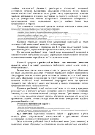 засобом мовленнєвої діяльності, розв’язувати пізнавальні, навчальні,
особистісні питання. Елементарне оволодіння російською мовою (іншою
мовою національної меншини) дасть учням змогу користуватися мовними
засобами спілкування, пізнання, долучитися до багатств російської та інших
культур, формуватиме навички толерантного міжетнічного спілкування з
представниками інших національних культур, носіями інших мов,
представлених в Україні.
      Для досягнення поставленої протягом періоду навчання в початкових
класах мети планується розв’язання таких завдань:
     • забезпечення позитивної мотивації до вивчення російської чи іншої мови;
     • формування умінь та навичок усіх видів мовленнєвої діяльності в усній і письмовій формах;
     • засвоєння елементарних знань про важливі мовні одиниці, необхідних і достатніх для формування мовленнєвих умінь і навичок;
     • збагачення та активізація словникового запасу учнів;
     • засвоєння графіки та орфографії, формування фонетико-графічних правописних умінь і навичок;
     • долучення до національних культур народів України;
     • продовження інтелектуального, морального, соціокультурного та естетичного розвитку особистості школярів.
      Навчання російської (іншої) мови здійснюється відповідно до трьох
змістових ліній: мовленнєвої, мовної та соціокультурної.
      Навчальний матеріал у програмах для 1-го класу представлений усним
практичним курсом, спрямований на розвиток навичок усного мовлення.
      На вивчення російської мови (іншої мови національної меншини) в
загальноосвітніх навчальних закладах з українською мовою навчання типовими
навчальними планами передбачено по 2 години на тиждень.

      Начальні програми з російської та інших мов навчання (навчання
грамоти: мова і читання) враховують особливості мовної освіти учнів у
початковій школі.
      Головною метою цих навчальних предметів є розвиток умінь здійснювати
всі види мовленнєвої діяльності сучасною російською, іншою національною
літературною мовою: навчити учнів читання та письма, надати певні знання
про мову, сформувати мовні вміння та стійку мотивацію і почуття поваги до
вивчення російської, іншої національної літературної мови, що протягом
тривалого часу забезпечує мовну комунікацію у місцях проживання росіян,
представників інших національностей.
      Навчання російської, іншої національної мови та читання у програмах
розглядається в контексті сучасної концепції мовного розвитку особистості.
Мовна культура є частиною загальної культури людини. Проте мовна культура
— це не лише володіння мовною нормою, збагачення словника або засвоєння
граматичних засобів. Мовна культура тісно пов’язана з формуванням всебічно
розвинутої особистості.
      Основними принципами курсів є:
     • комунікативна спрямованість навчання;
     • особистісно орієнтоване навчання та виховання;
     • інтегроване навчання видів мовленнєвої діяльності (аудіювання, говоріння, читання та письма);
     • порівняльні зіставлення із навчальними досягненнями, яких набувають учні початкових класів в ході вивчення української та
     інших мов у межах навчальних програм для початкової школи.
     Цілі навчання обумовлені головною метою — формування в учнів
певного рівня комунікативної компетентності з урахуванням вікових
особливостей і можливостей молодших школярів.
     Зміст навчання російської, іншої національної мови (мови навчання) в
початкових класах обумовлюється змістовими лініями, які пов’язані між собою
                                                                                                                              15
 