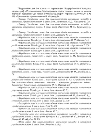 Підручникам для 1-х класів — переможцям Всеукраїнського конкурсу
надано гриф «Рекомендовано Міністерством освіти і науки, молоді та спорту
України» відповідно до наказу МОНмолодьспорту України від 07.02.2012 №
118 «Про надання грифа навчальній літературі»:
      «Буквар. Українська мова для загальноосвітніх навчальних закладів з
навчанням українською мовою. 1 клас» (авт. Захарійчук М. Д., Науменко В. О.);
      «Буквар. Українська мова для загальноосвітніх навчальних закладів з
навчанням українською мовою. 1 клас» (авт. Вашуленко М. С., Вашуленко О.
В);
      «Буквар. Українська мова для загальноосвітніх навчальних закладів з
навчанням українською мовою. 1 клас» (авт. Прищепа К. С.);
      «Українська мова для загальноосвітніх навчальних закладів з навчанням
російською мовою. Усний курс. 1 клас» (авт. Хорошковська О. Н., Охота Г.І.);
      «Українська мова для загальноосвітніх навчальних закладів з навчанням
російською мовою. Усний курс. 1 клас» (авт. Гавриш Н. В., Маркотенко Т. С.);
      «Українська мова для загальноосвітніх навчальних закладів з навчанням
російською мовою. Усний курс. 1 клас» (авт. Маркотенко Т. С.);
      «Українська мова для загальноосвітніх навчальних закладів з навчанням
російською мовою. Усний курс. 1 клас» (авт. Коваленко О. М., Тельпуховська
Ю. М.);
      «Українська мова для загальноосвітніх навчальних закладів з навчанням
молдовською мовою. Усний курс. 1 клас» (авт. Хорошковська О. Н., Петрук О.
М.);
      «Українська мова для загальноосвітніх навчальних закладів з навчанням
польською мовою. Усний курс. 1 клас» (авт. Хорошковська О. Н., Яновицька Н.
І.);
      «Українська мова для загальноосвітніх навчальних закладів з навчанням
румунською мовою. Усний курс. 1 клас» (авт. Криган С. Г.); «Українська мова
для загальноосвітніх навчальних закладів з навчанням румунською мовою.
Усний курс. 1 клас» (авт. Хорошковська О. Н., Палій Н. Т.);
      «Українська мова для загальноосвітніх навчальних закладів з навчанням
угорською мовою. Усний курс. 1 клас» (авт. Криган С. Г.);
      «Українська мова для загальноосвітніх навчальних закладів з навчанням
угорською мовою. Усний курс. 1 клас» (авт. Хорошковська О. Н., Повхан К. З.);
      «Українська мова для загальноосвітніх навчальних закладів з навчанням
угорською мовою. Усний курс. 1 клас» (авт. Кеслер С. М.);
      «Болгарська мова для загальноосвітніх навчальних закладів з навчанням
українською мовою. 1 клас» (авт. Терзі В. М.);
      «Вірменська мова для загальноосвітніх навчальних закладів з навчанням
українською мовою. 1 клас» (авт. Авагян М. Г.);
      «Гагаузька мова для загальноосвітніх навчальних закладів з навчанням
українською мовою. 1 клас» (авт. Бучацька Т. Г., Кулаксиз О. С., Арнаут Ф. І.,
Дімова В. М., Щербан М. В.);
      «Мова іврит для загальноосвітніх навчальних закладів з навчанням
українською мовою. 1 клас» (авт. Бакуліна Н. В.);

                                                                             8
 