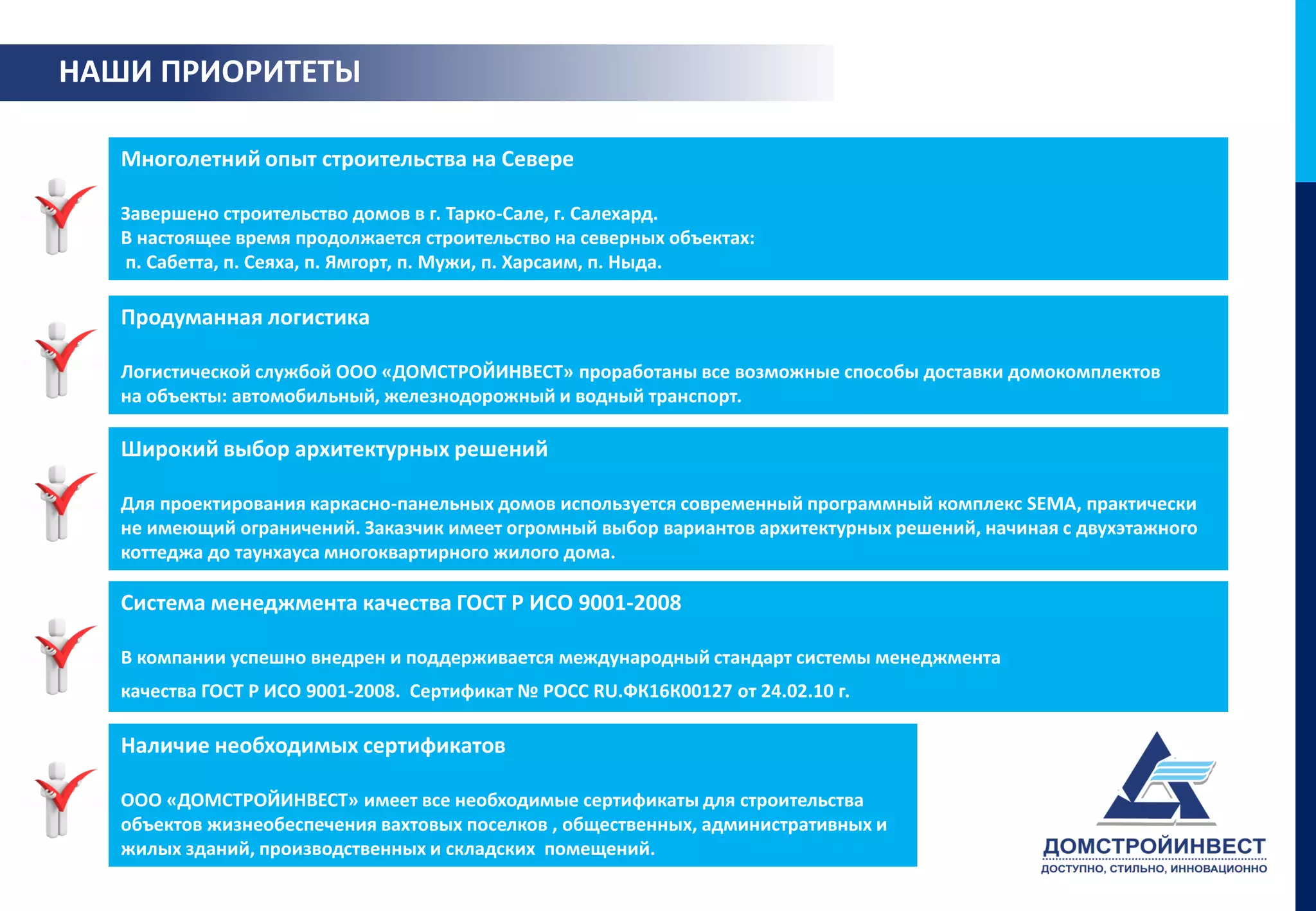 НАШИ ПРИОРИТЕТЫ

   Многолетний опыт строительства на Севере

   Завершено строительство домов в г. Тарко-Сале, г. Салехард.
   В настоящее время продолжается строительство на северных объектах:
   п. Сабетта, п. Сеяха, п. Ямгорт, п. Мужи, п. Харсаим, п. Ныда.

   Продуманная логистика

   Логистической службой ООО «ДОМСТРОЙИНВЕСТ» проработаны все возможные способы доставки домокомплектов
   на объекты: автомобильный, железнодорожный и водный транспорт.

   Широкий выбор архитектурных решений

   Для проектирования каркасно-панельных домов используется современный программный комплекс SEMA, практически
   не имеющий ограничений. Заказчик имеет огромный выбор вариантов архитектурных решений, начиная с двухэтажного
   коттеджа до таунхауса многоквартирного жилого дома.

   Система менеджмента качества ГОСТ Р ИСО 9001-2008

   В компании успешно внедрен и поддерживается международный стандарт системы менеджмента
   качества ГОСТ Р ИСО 9001-2008. Сертификат № РОСС RU.ФК16К00127 от 24.02.10 г.

   Наличие необходимых сертификатов

   ООО «ДОМСТРОЙИНВЕСТ» имеет все необходимые сертификаты для строительства
   объектов жизнеобеспечения вахтовых поселков , общественных, административных и
   жилых зданий, производственных и складских помещений.
 