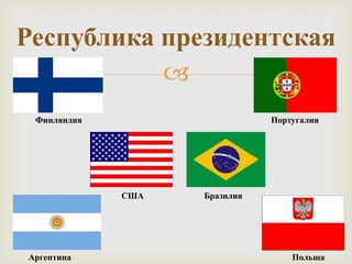 Республика президентская
           
 Финляндия                    Португалия




             США   Бразилия




Аргентина                         Польша
 
