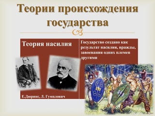 Теории происхождения
     государства
          
                         Государство создано как
Теория насилия           результат насилия, вражды,
                         завоевания одних племен
                         другими




Е.Дюринг, Л. Гумплович
 