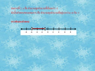 สมกำรที่ 2 x คือ จำนวนทุกจำนวนที่นอยกว่ำ -1
                                  ้
                                             ่
ดังนั้นคำตอบของอสมกำร คือ จำนวนทุกจำนวนที่อยูระหว่ำง -6 กับ -1

กราฟแสึϸคาตอบ

            -8   -6   -4   -2   0    2    4     6    8
 