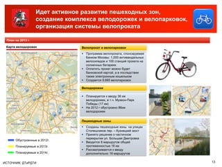 Идет активное развитие пешеходных зон,
                   создание комплекса велодорожек и велопарковок,
                   организация системы велопроката

 План на 2013 г.

 Карта велодорожек              Велопрокат и велопарковки
                                 Программа велопроката, спонсируемая
                                  Банком Москвы: 1,000 антивандальных
                                  велосипедов и 100 станций проката на
                                  солнечных батареях
                                 Оплатить прокат можно будет
                                  банковской картой, а в последствии
                                  также электронным кошельком
                                 Создается 9,665 велопарковок

                                Велодорожки

                                 Планируется к вводу 36 км
                                  велодорожек, в т.ч. Музеон-Парк
                                  Победы (17 км)
                                 На 2012 г обустроено 86км
                                  велодорожек


                                Пешеходные зоны
                                 Созданы пешеходные зоны на улицах
                                  Столешников пер. – Кузнецкий мост
                                 Принято решение о частичном
                                  перекрытии ул. Большая Дмитровка
      Обустроенные в 2012г.
                                 Вводится 8 маршрутов общей
      Планируемые в 2013г.        протяженностью 16 км
                                 Рассматривается к вводу
      Планируемые в 2014г.        дополнительно 16 маршрутов


ИСТОЧНИК: ДТиРДТИ                                                        13
 