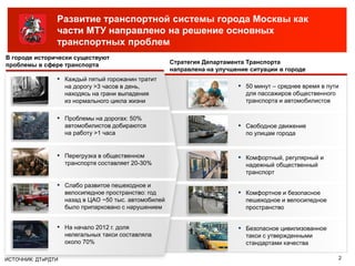 Развитие транспортной системы города Москвы как
                части МТУ направлено на решение основных
                транспортных проблем
В городе исторически существуют
проблемы в сфере транспорта                            Стратегия Департамента Транспорта
                                                       направлена на улучшение ситуации в городе
                ▪ Каждый пятый горожанин тратит
                    на дорогу >3 часов в день,                             ▪ 50 минут – среднее время в пути
                    находясь на грани выпадения                              для пассажиров общественного
                    из нормального цикла жизни                               транспорта и автомобилистов

                ▪ Проблемы на дорогах: 50%
                    автомобилистов добираются                              ▪ Свободное движение
                    на работу >1 часа                                        по улицам города


                ▪ Перегрузка в общественном                                ▪ Комфортный, регулярный и
                    транспорте составляет 20-30%                             надежный общественный
                                                                             транспорт

                ▪ Слабо развитое пешеходное и
                    велосипедное пространство: год                         ▪ Комфортное и безопасное
                    назад в ЦАО ~50 тыс. автомобилей                         пешеходное и велосипедное
                    было припарковано с нарушением                           пространство


                ▪ На начало 2012 г. доля                                   ▪ Безопасное цивилизованное
                    нелегальных такси составляла                             такси с утвержденными
                    около 70%                                                стандартами качества

ИСТОЧНИК: ДТиРДТИ                                                                                           2
 