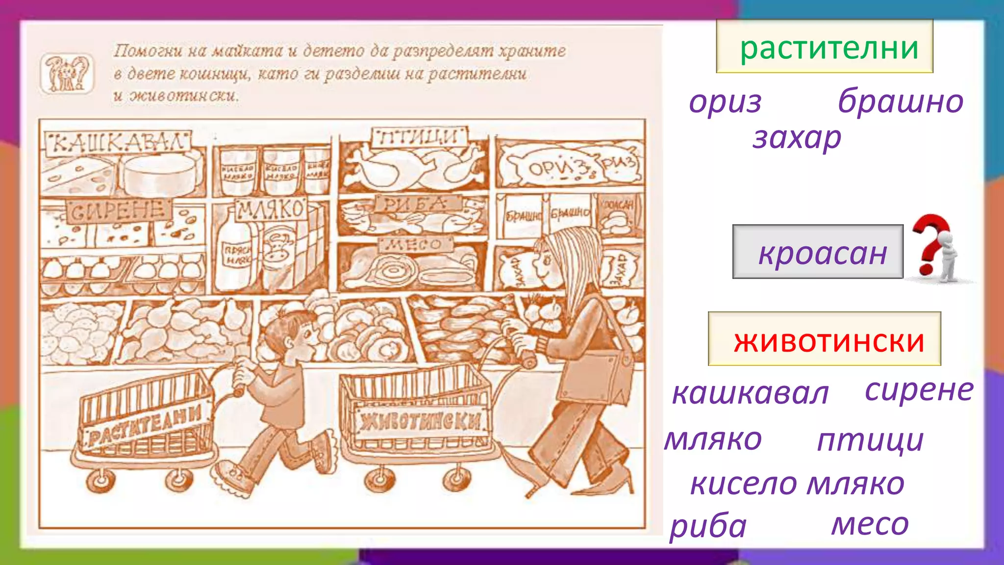 растителни
 ориз     брашно
     захар


    кроасан

   животински
кашкавал сирене
мляко птици
 кисело мляко
риба     месо
 