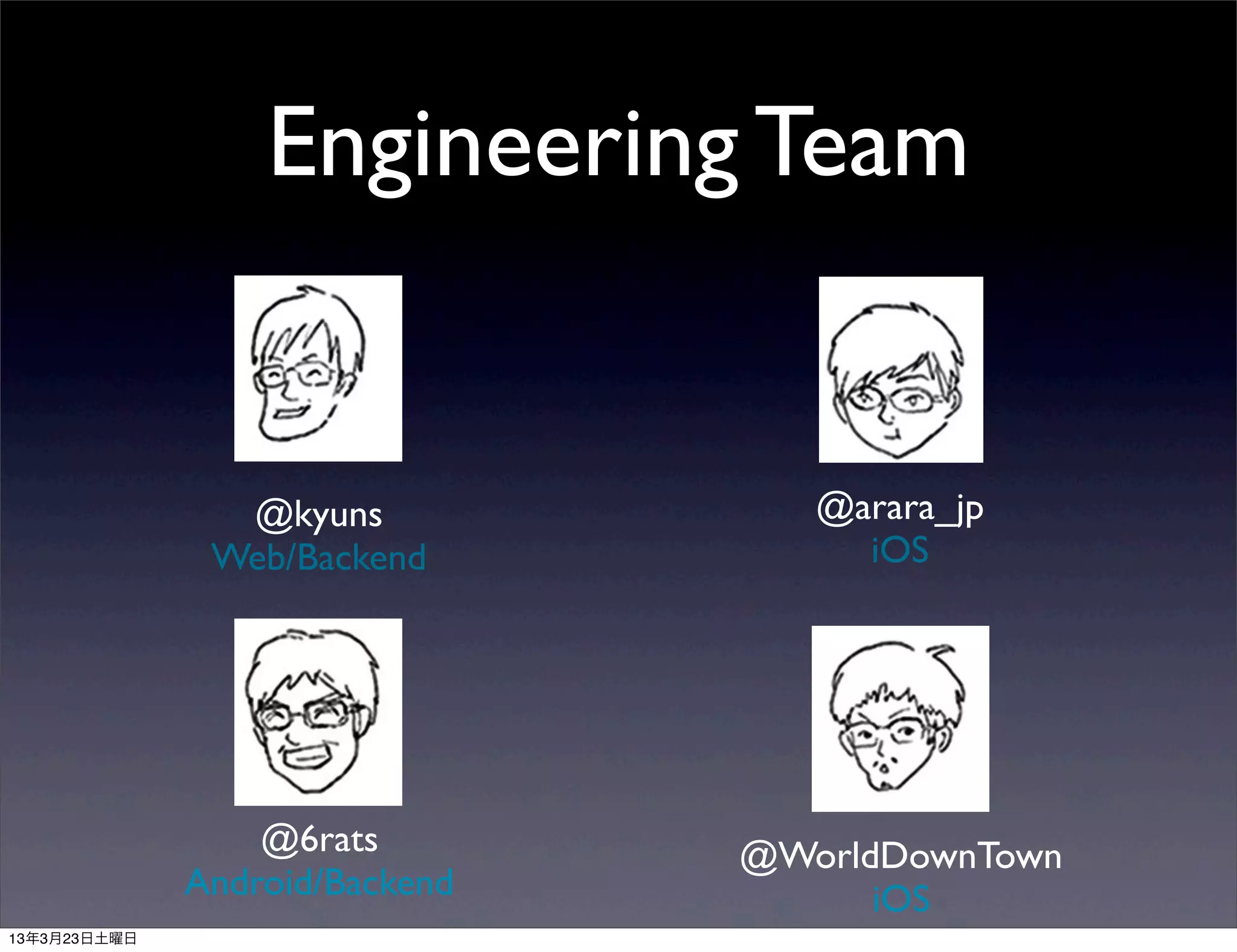 Engineering Team


  @kyuns             @arara_jp
 Web/Backend           iOS




    @6rats        @WorldDownTown
Android/Backend         iOS
 