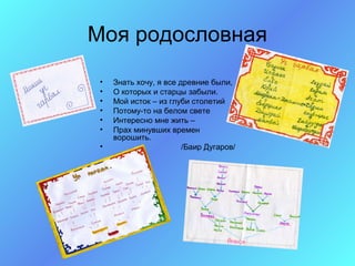 Моя родословная
 •   Знать хочу, я все древние были,
 •   О которых и старцы забыли.
 •   Мой исток – из глуби столетий
 •   Потому-то на белом свете
 •   Интересно мне жить –
 •   Прах минувших времен
     ворошить.
 •                      /Баир Дугаров/
 