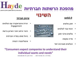 ‫קידום אתרים | פרסום ממומן | שיווק בפייסבוק‬




                               ‫שיווק חברתי‬                  ‫0.2‪web‬‬

    ‫יצירת אינטראקציה עם הגולשים‬              ‫•‬            ‫תוכן גולשים‬    ‫•‬
             ‫‪Engagement‬‬
                                                    ‫הכוח עבר לגולשים‬     ‫•‬
    ‫ניטור וניתוב תכני הארגון ברשת‬            ‫•‬
                                                     ‫גולשים צרכני תוכן‬   ‫•‬
           ‫ניהול מותג במדיה חברתית‬           ‫•‬
                                                         ‫מדיה שקופה‬      ‫•‬
                       ‫אינטליגנציה רגשית‬     ‫•‬
                                                 ‫הגולשים מעורבים יותר‬    ‫•‬

        ‫‪“Consumers expect companies to understand their‬‬
                 ‫”‪individual wants and needs‬‬
 