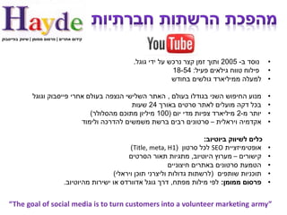 ‫קידום אתרים | פרסום ממומן | שיווק בפייסבוק‬




                                                        ‫• נוסד ב- 5002 ותוך זמן קצר נרכש על ידי גוגל.‬
                                                                      ‫• פילוח טווח גילאים פעיל: 45-81‬
                                                                      ‫• למעלה ממיליארד גולשים בחודש‬

                ‫מנוע החיפוש השני בגודלו בעולם , האתר השלישי הנצפה בעולם אחרי פייסבוק וגוגל‬                ‫•‬
                                                 ‫בכל דקה מועלים לאתר סרטים באורך 42 שעות‬                  ‫•‬
                                    ‫יותר מ-2 מיליארד צפיות מדי יום (001 מיליון מתוכם מהסלולר)‬             ‫•‬
                                 ‫אקדמיה ויראלית – סרטונים רבים ברשת משמשים להדרכה ולימוד‬                  ‫•‬

                                                                                   ‫כלים לשיווק ביוטיוב:‬
                                                       ‫אופטימיזציית ‪ SEO‬לכל סרטון (1‪)Title, meta, H‬‬       ‫•‬
                                                      ‫קישורים – מערוץ היוטיוב, מתגיות תאור הסרטים‬         ‫•‬
                                                                      ‫הטמעת סרטונים באתרים חיצוניים‬       ‫•‬
                                                 ‫תוכניות שותפים (לרשתות גדולות וליצרני תוכן ויראלי)‬       ‫•‬
                                ‫פרסום ממומן: לפי מילות מפתח, דרך גוגל אדוורדס או ישירות מהיוטיוב.‬         ‫•‬


   ‫”‪“The goal of social media is to turn customers into a volunteer marketing army‬‬
 