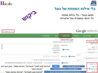 ‫כלי מילות המפתח של גוגל‬
                                                                         ‫חפשו בגוגל – כלי מילות מפתח‬
                                                                        ‫כלי חינמי במסגרת גוגל אדוורדס‬




‫"כתיבת תוכן לאתרי אינטרנט", כתיבת מאמר, תוכן העניינים‬                          ‫כל מה שקשור למילה‬
                                  ‫"כתיבת תוכן"‬            ‫התאמה מדויקת – הנתון המדויק ביותר‬

      ‫"כתיבת תוכן לאתרים", "שירותי כתיבת תוכן"‬      ‫גם אם מופיעים מילים נוספות לפני או אחרי הביטוי‬
 