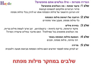 ‫הגדירו מטרות – אילו גולשים אתם מחפשים?‬
                                ‫שלב 1: סיעור מוחות - מה הגולשים מחפשים?‬
                                 ‫סידור הביטויים וחלוקתם לנושאים וקבוצות‬
      ‫זהו הגרעין הראשוני של מילות המפתח אותו יש להזין בכלי מילות מפתח‬

                                      ‫הרחבה של רשימת מילות המפתח‬          ‫שלב 2:‬
                                    ‫כלי מילות מפתח, מעקב אחר מתחרים‬

                                                          ‫בחירת מילים‬     ‫שלב 3:‬
‫מיקוד הרשימה, בדיקת כדאיות – ביקוש/היצע, זנב ארוך לעומת מילים גנריות,‬
  ‫מה הגולשים מחפשים בכל שאילתה? האם מדובר במילים שיעודדו המרה?‬

                                         ‫הטמעת מילות המפתח באתר‬           ‫שלב 4:‬
                                        ‫דפי נחיתה, מילות מפתח, תכנים‬

                                                          ‫מדידה‬           ‫שלב 5:‬
 ‫יש לבדוק אחת למספר חודשים האם מילות המפתח מביאות תנועה רלוונטית‬
 