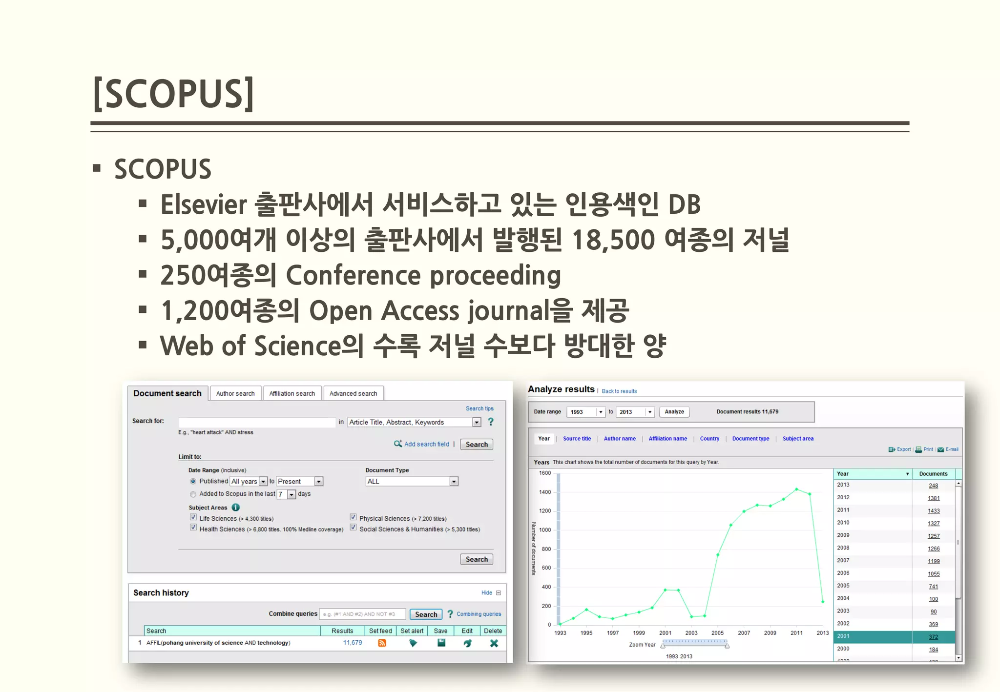 [SCOPUS]
 SCOPUS
     Elsevier 출판사에서 서비스하고 있는 인용색인 DB
     5,000여개 이상의 출판사에서 발행된 18,500 여종의 저널
     250여종의 Conference proceeding
     1,200여종의 Open Access journal을 제공
     Web of Science의 수록 저널 수보다 방대한 양
 