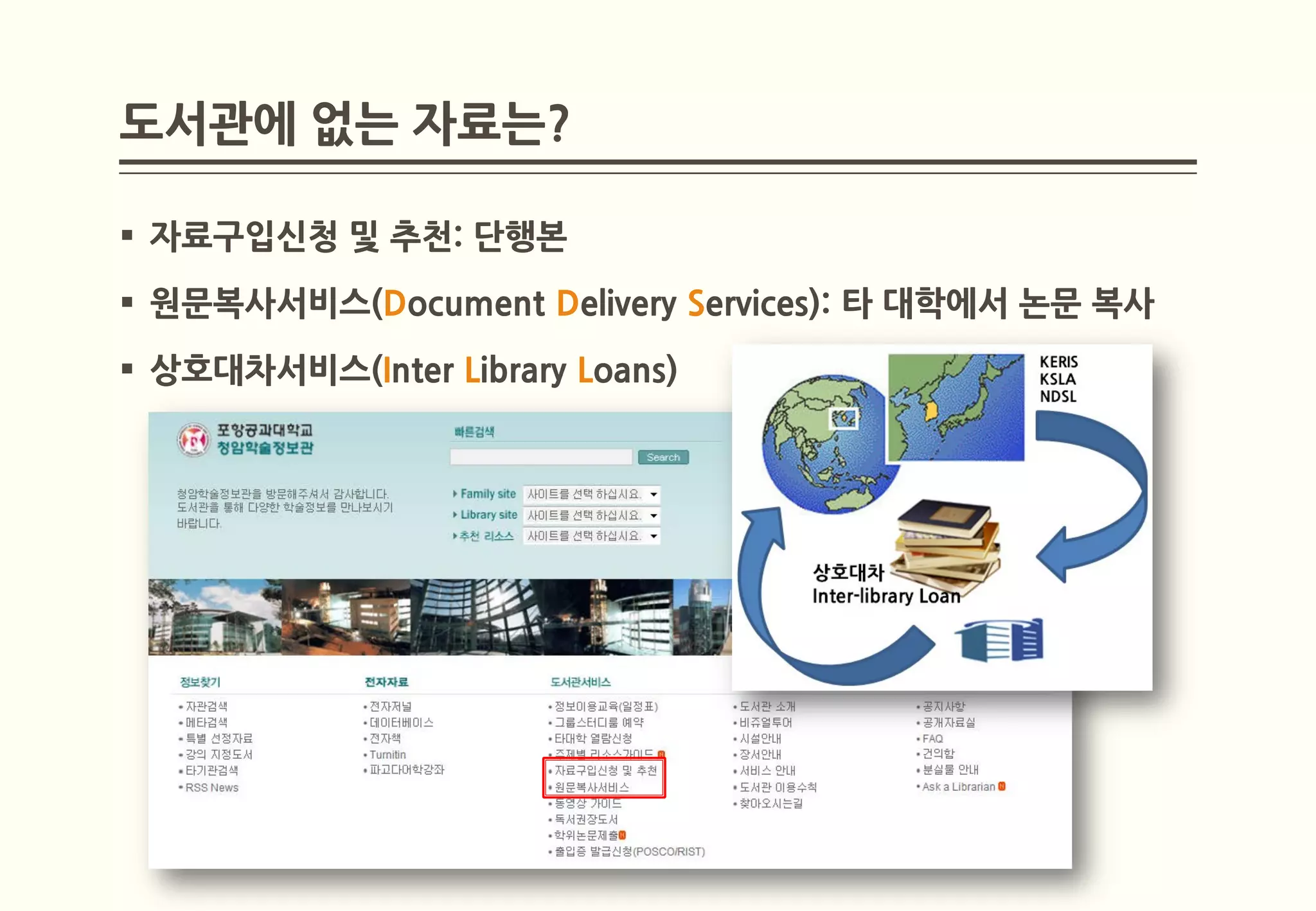 도서관에 없는 자료는?

 자료구입신청 및 추천: 단행본
 원문복사서비스(Document Delivery Services): 타 대학에서 논문 복사
 상호대차서비스(Inter Library Loans)
 
