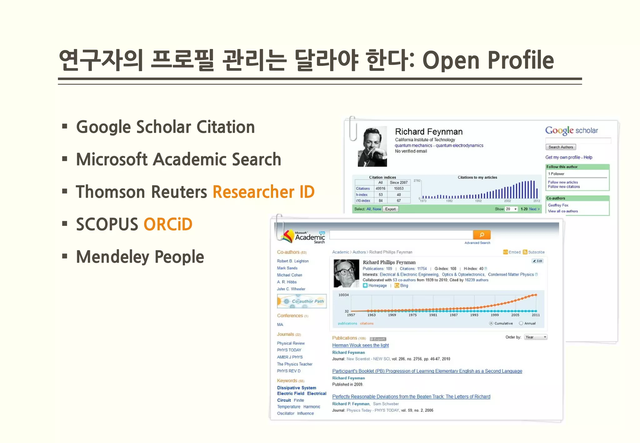 연구자의 프로필 관리는 달라야 한다: Open Profile

 Google Scholar Citation
 Microsoft Academic Search
 Thomson Reuters Researcher ID
 SCOPUS ORCiD
 Mendeley People
 