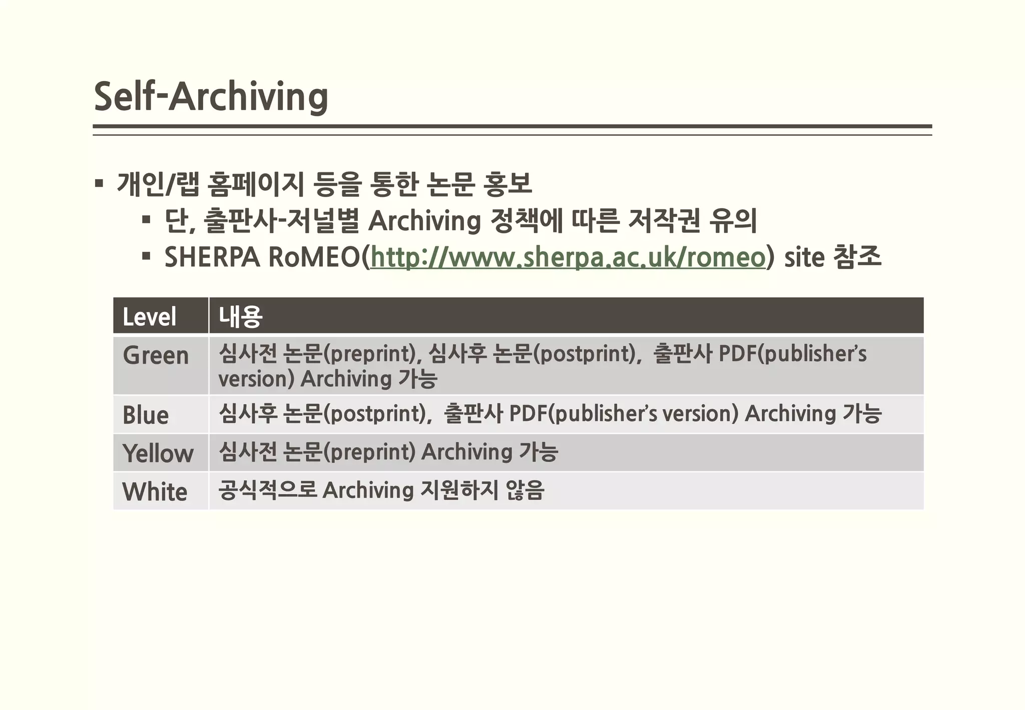 Self-Archiving

 개인/랩 홈페이지 등을 통한 논문 홍보
    단, 출판사-저널별 Archiving 정책에 따른 저작권 유의
    SHERPA RoMEO(http://www.sherpa.ac.uk/romeo) site 참조

  Level    내용
  Green    심사전 논문(preprint), 심사후 논문(postprint), 출판사 PDF(publisher’s
           version) Archiving 가능
  Blue     심사후 논문(postprint), 출판사 PDF(publisher’s version) Archiving 가능
  Yellow   심사전 논문(preprint) Archiving 가능
  White    공식적으로 Archiving 지원하지 않음
 