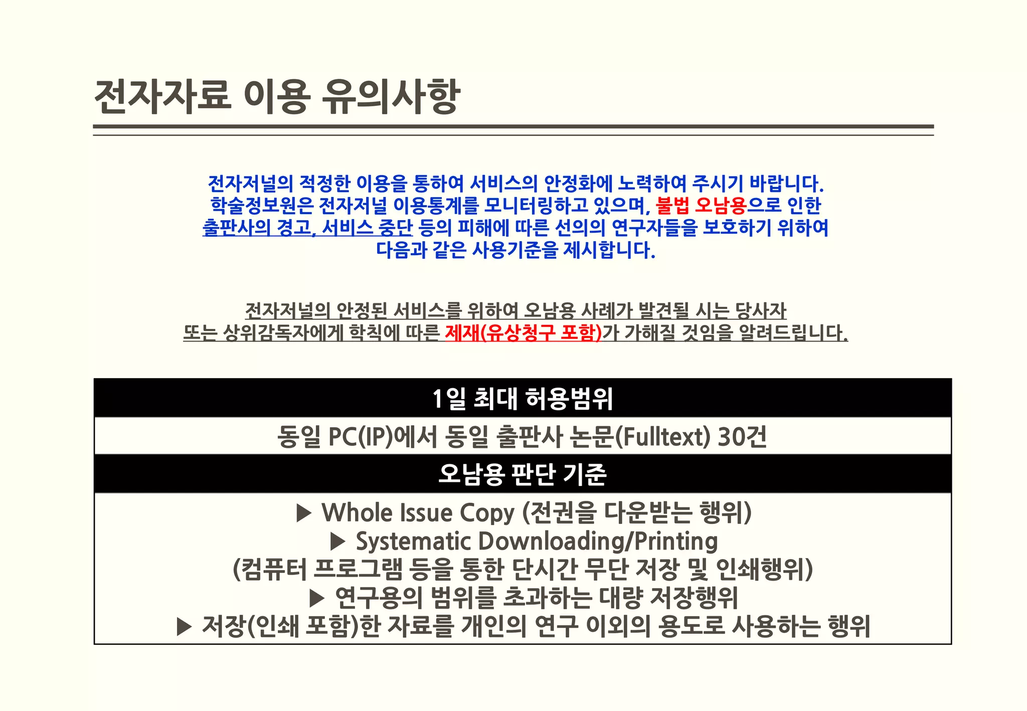 전자자료 이용 유의사항

   전자저널의 적정한 이용을 통하여 서비스의 안정화에 노력하여 주시기 바랍니다.
   학술정보원은 전자저널 이용통계를 모니터링하고 있으며, 불법 오남용으로 인한
   출판사의 경고, 서비스 중단 등의 피해에 따른 선의의 연구자들을 보호하기 위하여
               다음과 같은 사용기준을 제시합니다.


      전자저널의 안정된 서비스를 위하여 오남용 사례가 발견될 시는 당사자
  또는 상위감독자에게 학칙에 따른 제재(유상청구 포함)가 가해질 것임을 알려드립니다.


                   1일 최대 허용범위
        동일 PC(IP)에서 동일 출판사 논문(Fulltext) 30건
                   오남용 판단 기준
         ▶ Whole Issue Copy (전권을 다운받는 행위)
           ▶ Systematic Downloading/Printing
     (컴퓨터 프로그램 등을 통한 단시간 무단 저장 및 인쇄행위)
          ▶ 연구용의 범위를 초과하는 대량 저장행위
  ▶ 저장(인쇄 포함)한 자료를 개인의 연구 이외의 용도로 사용하는 행위
 