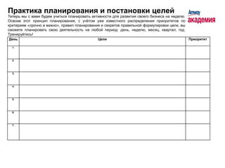 Практика планирования и постановки целей
Теперь мы с вами будем учиться планировать активности для развития своего бизнеса на неделю.
Освоив этот принцип планирования, с учѐтом уже известного распределения приоритетов по
критериям «срочно и важно», правил планирования и секретов правильной формулировки цели, вы
сможете планировать свою деятельность на любой период: день, неделю, месяц, квартал, год.
Тренируйтесь!
День                                          Цели                                             Приоритет

  1.




  2.




  3.




  4.




  5.




  6.




  7.
 
