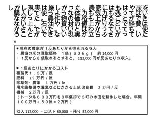 しかし現実は厳しかった。農家にはもはや炭を
 購入して使うような体力も気力も残ってはい
 なかった。農作物の価格も上げることができ
 ない上、石油や資材の値上がりなどで経費は
 かさんでいた。いいとはわかっていても、使
 うことができない現実が立ちふさがっていた
 。
 ■ 現在の農家が１反あたりから得られる収入
 ・農協の米の買取価格　１俵（６０ｋｇ）　約 14,000 円
 ・１反から８俵取れるとすると、 112,000 円が反あたりの収入。

 ■ １反あたりにかかるコスト
 種苗代１．５万／反
 肥料　 1.5 万円／反
 除草剤・農薬　 1 万円／反
 用水路整備や灌漑などにかかる土地改良費　 2 万円／反
 機械　２万円／反
 （トータル８００万円を８年償却で５町の水田を耕作した場合。年間
 １００万円 ÷ ５０反＝２万円）

 収入 112,000 －コスト 80,000 ＝残り 32,000 円
 