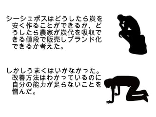 シーシュポスはどうしたら炭を
 安く作ることができるか、ど
 うしたら農家が炭代を吸収で
 きる値段で販売しブランド化
 できるか考えた。


しかしうまくはいかなかった。
 改善方法はわかっているのに
 自分の能力が足らないことを
 憎んだ。
 