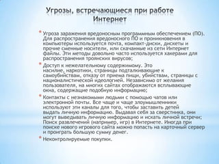* Угроза заражения вредоносным программным обеспечением (ПО).
  Для распространения вредоносного ПО и проникновения в
  компьютеры используется почта, компакт-диски, дискеты и
  прочие сменные носители, или скачанные из сети Интернет
  файлы. Эти методы довольно часто используется хакерами для
  распространения троянских вирусов;
* Доступ к нежелательному содержимому. Это
  насилие, наркотики, страницы подталкивающие к
  самоубийствам, отказу от приема пищи, убийствам, страницы с
  националистической идеологией. Независимо от желания
  пользователя, на многих сайтах отображаются всплывающие
  окна, содержащие подобную информацию;
* Контакты с незнакомыми людьми с помощью чатов или
  электронной почты. Все чаще и чаще злоумышленники
  используют эти каналы для того, чтобы заставить детей
  выдать личную информацию. Выдавая себя за сверстника, они
  могут выведывать личную информацию и искать личной встречи;
  Поиск развлечений (например, игр) в Интернете. Иногда при
  поиске нового игрового сайта можно попасть на карточный сервер
  и проиграть большую сумму денег.
* Неконтролируемые покупки.
 
