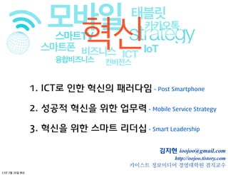 모바일 strategy       태블릿
                  스마트TV
                스마트폰 비즈니스
                  융합비즈니스
                         혁신
                          ICT
                              IoT
                               컨버전스
                                          카카오톡




              1. ICT로 인한 혁신의 패러다임 - Post Smartphone

              2. 성공적 혁신을 위한 업무력 - Mobile Service Strategy

              3. 혁신을 위한 스마트 리더십 - Smart Leadership

                                               김지현 ioojoo@gmail.com
                                               http://oojoo.tistory.com
                                     카이스트 정보미디어 경영대학원 겸직교수
13   3   26
 