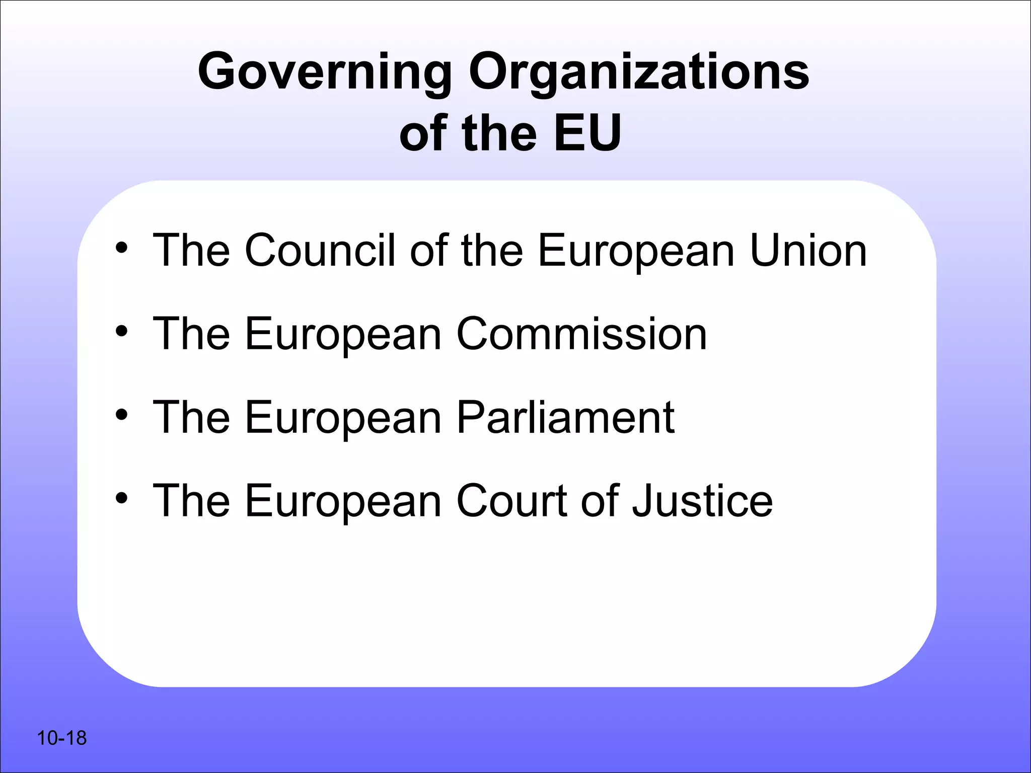 Governing Organizations
                  of the EU

        • The Council of the European Union
        • The European Commission
        • The European Parliament
        • The European Court of Justice




10-18
 