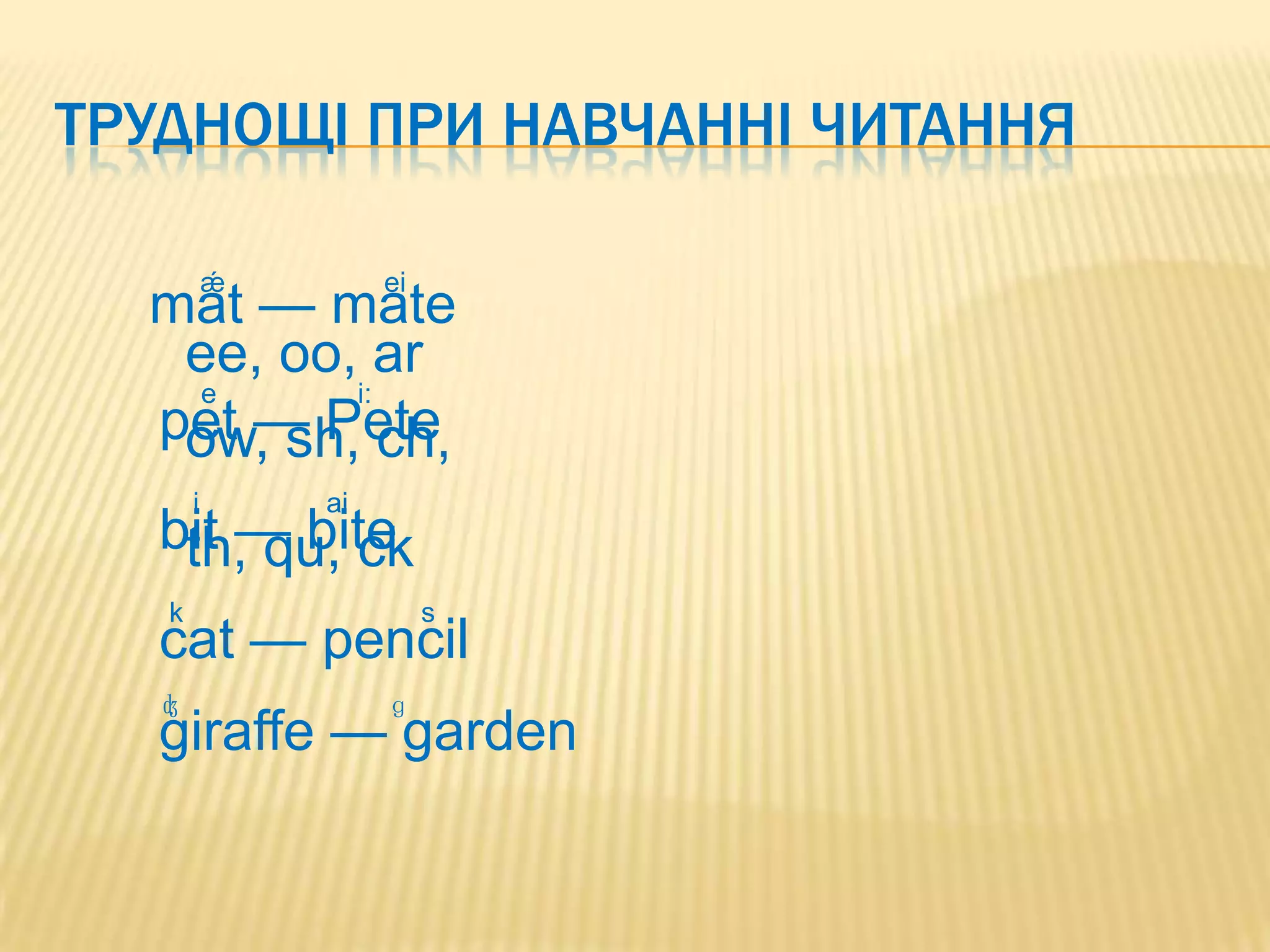 ТРУДНОЩІ ПРИ НАВЧАННІ ЧИТАННЯ

           ǽ        ei
  mat — mate
   ee, oo, ar
   e      i:
  pet — Pete
   ow, sh, ch,
       i       ai
  bit — bite
   th, qu, ck
   k                     s
  cat — pencil
   ʤ                ɡ
  giraffe — garden
 